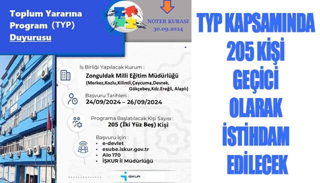 TYP KAPSAMINDA 205 KİŞİ GEÇİCİ OLARAK İSTİHDAM EDİLECEK