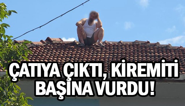 ÇATIYA ÇIKTI, KİREMİTİ  BAŞINA VURDU!